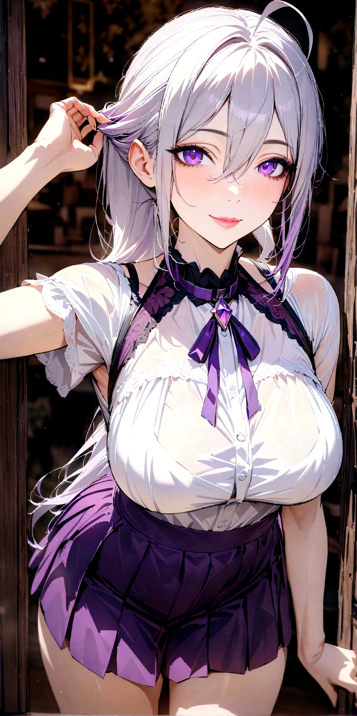 Perfect detail, Special details, highest quality, High Which, 1 Female, View Viewer, Are standing, 31-year-old female, Silver Hair, Long ponytail, Hair covering the right ear, Hair Intake, Short Ahoge, Side bang, Hair between the eyes, White blouse, Blouse with collar, Purple pleated skirt, Purple neck ribbon, amethyst, Deep purple eyes, Big eyes, Mature Body, Perfect body, Lips parted, Black eyeshadow, A light smile, High detail, Depth of written boundary, 1080p, 16k, Awards, High resolution, highest quality, masterpiece, 超High resolution, Anatomically correct, Super detailed,