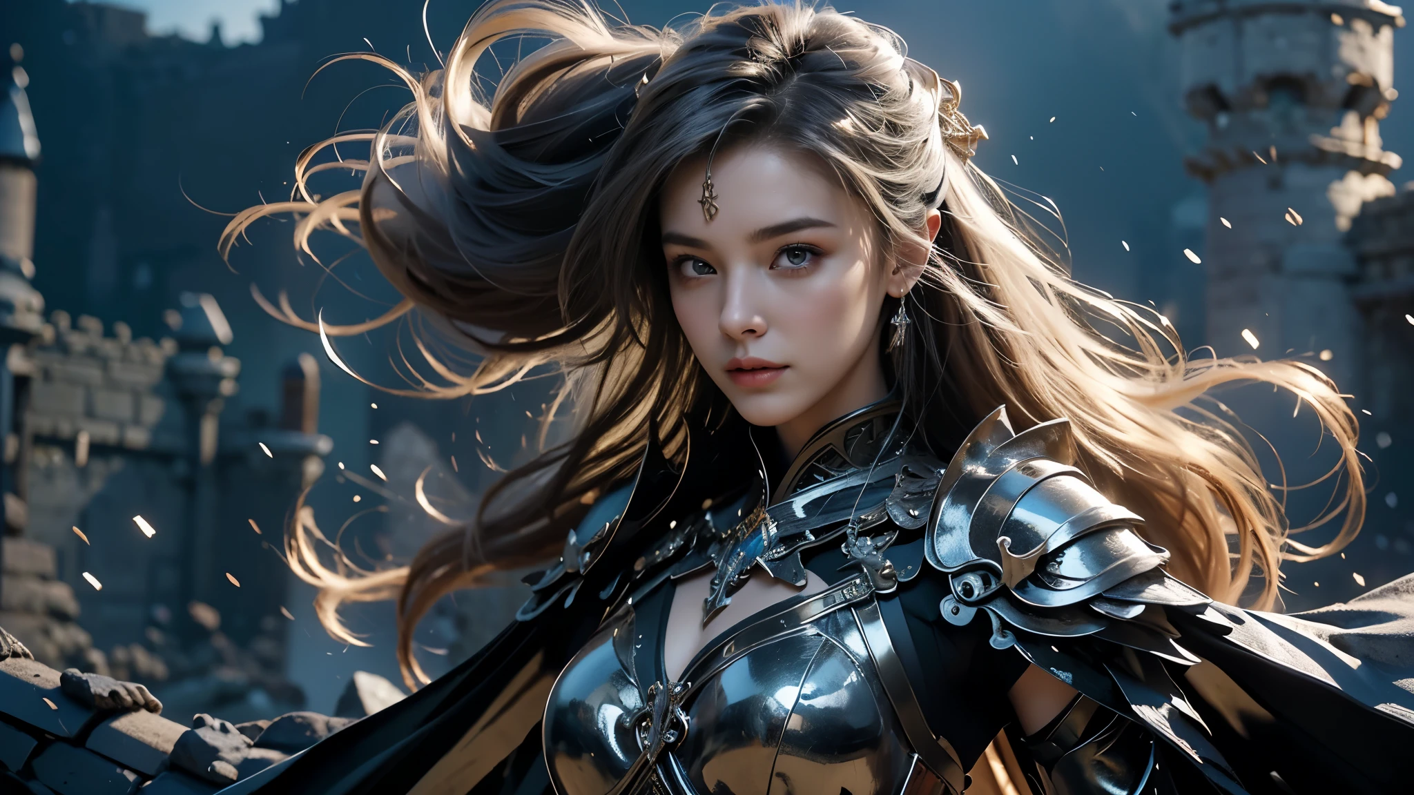((A woman, The ruins of the castle, Medium distance close-up, Practical)) Practical visuals, Artistic refinement, charming beauty, dramatic contrast, 8k wallpaper, absurd, incredible absurd, Gold Armor, gadaxintai gaodanvshen, (Armed with a silver sword)), Hair floating in the air, ((In battle)), ((best quality: 1.5))