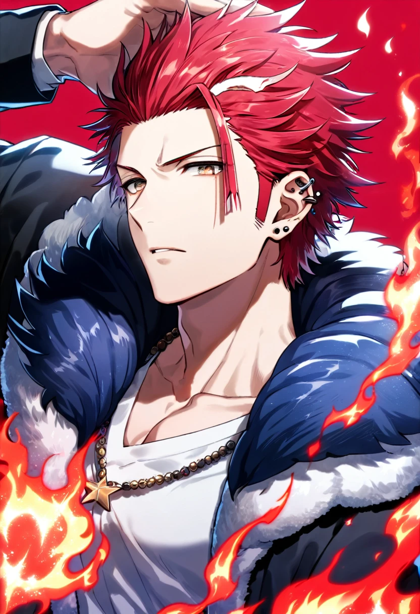 (absurdres, highres, ultra detailed, HDR) master piece, best quality, delicated features, Suoh Mikoto, red hair, hair is kept short, ruffled, slicked back and spiked, with two strands of hair near the opposite sides of his head falling over his face, expressive amber eyes, K Project, solo, sexy man, handsome, toned chest, black leather jacket with a fur collar, a white V-neck shirt underneath, blue jeans, sitting, silver star-shaped necklace, blossoms, pink butterflies, pink flowers