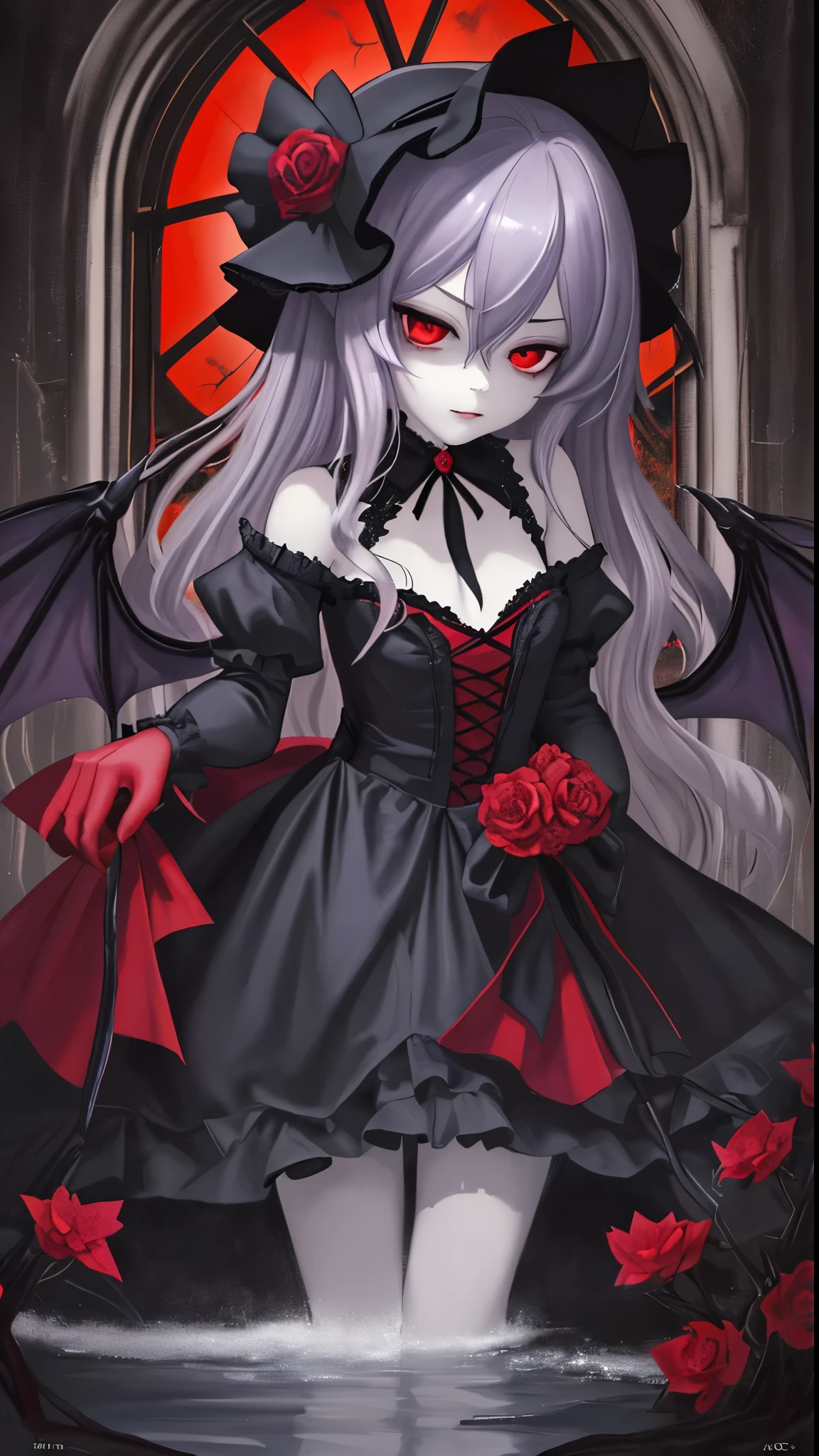 masterpiece, highest quality, 1 Girl, solo, Goth:1.2, Remilia Scarlet, A captivating portrait of Remilia Scarlet that embodies the Gothic aesthetic。Images exude high-resolution detail、It showcases her striking features with exquisite clarity.。There is only one subject、Remilia is the focus、Her long wavy hair cascaded down like a dark waterfall。 The portrait is painted in oil painting style.、The vibrant colors bring dramatic contrast to the scene.。Use of HDR lighting、Amplify Remilia&#39;s mysterious beauty、She is in the spotlight, making her stand out in the darkness.