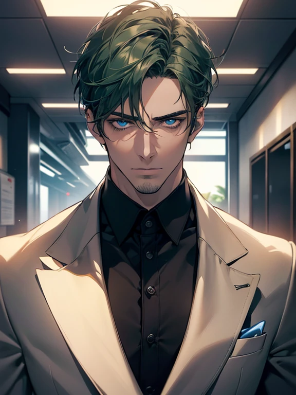 (best quality, masterpiece, 8K, photorealistic, cinematic lighting, hdr image, ultra detailed, beautiful image), 1 man, 31 years old, mature man, very handsome, (without expression, serious), short green hair, blue eyes ( penetrating gaze), imposing posture, businessman, office background