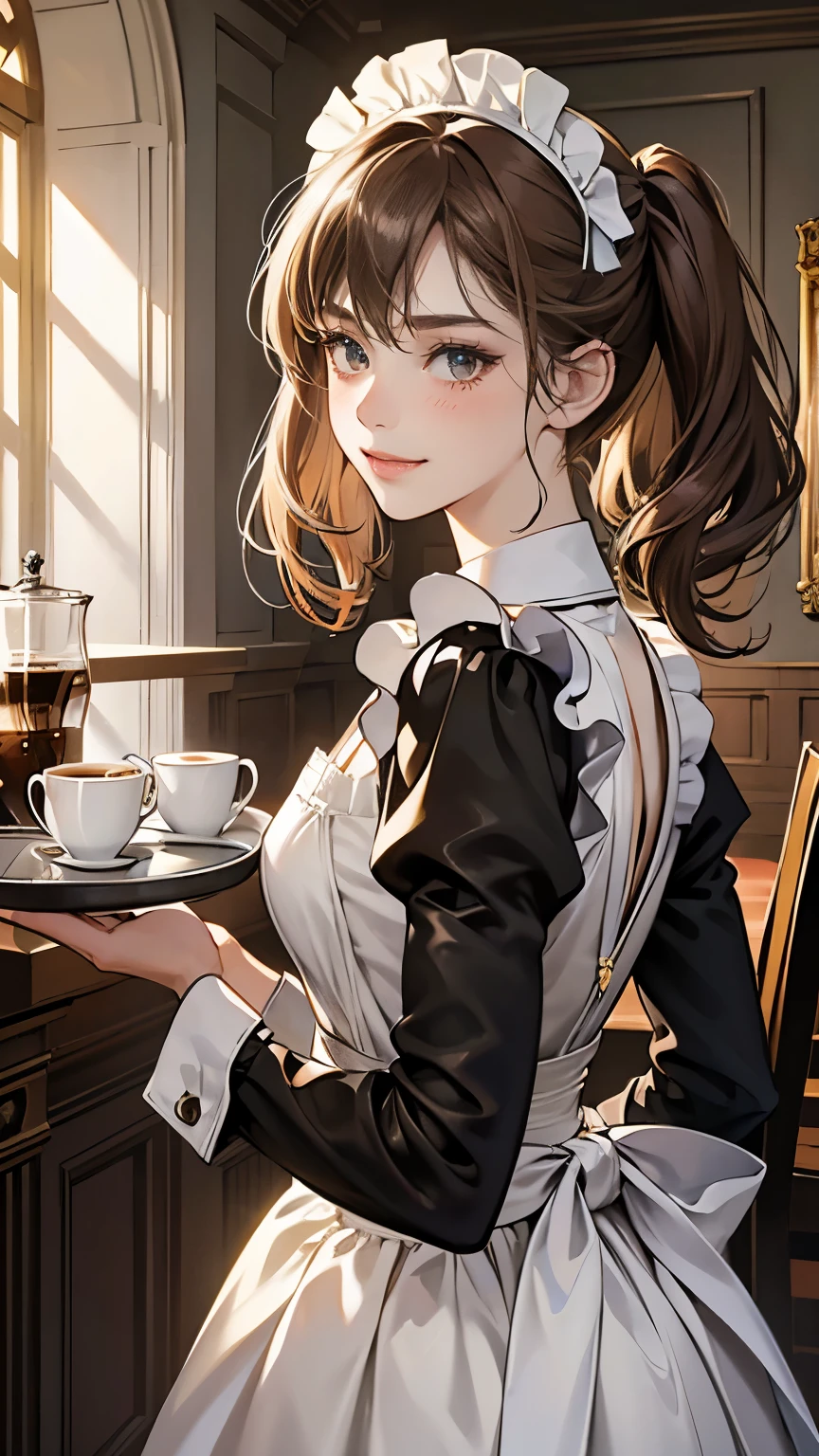 Coffee Break,Gothic Lolita,Victorian Era,Gothic ,solo girl,Smile,Chocolate cake,Perfect composition,Iced coffee on the table,