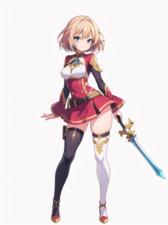 (stand posture), cute eyes, adult woman,, solo, high fantasy outfits, ((white background)), (full body), holding weapon, multiple views, thigh high,