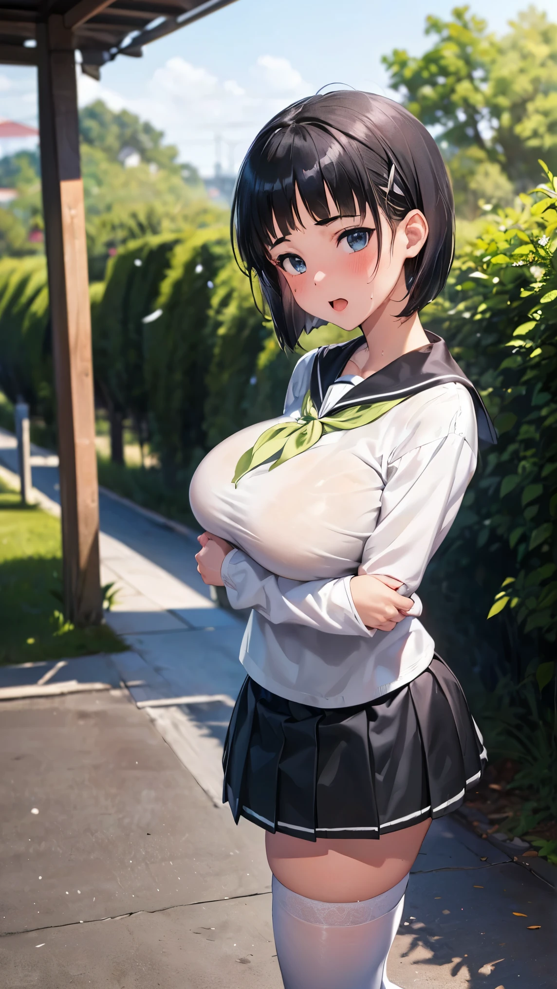 highest quality,masterpiece,8k,((((1girl)))),((big breasts:1.3)),orgasm,blush,sweat,zodiac_suguha,black hair,short hair,((serafuku,white shirt,black skirt,mini skirt,lift skirt,upskirt,white panties,black thighhighs:1.1)),full body,looking back,crossed arms,breast hold