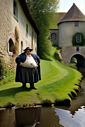 Only plump, chubby, extremely thick thighs, large belly, fat, A realistic and detailed close shot portrait photo of a lanky and dumb looking peasant man in cheap mediveal linnen clothing. He is looking at the watcher while standing in front of an old curved stonebridge over a stream that is about 5 meters wide. Some mediveal farm buildings in the background.
((((looking at the watcher))))