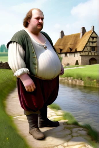 Only plump, chubby, extremely thick thighs, large belly, fat, A realistic and detailed close shot portrait photo of a lanky and dumb looking peasant man in cheap mediveal linnen clothing. He is looking at the watcher while standing in front of an old curved stonebridge over a stream that is about 5 meters wide. Some mediveal farm buildings in the background.
((((looking at the watcher))))