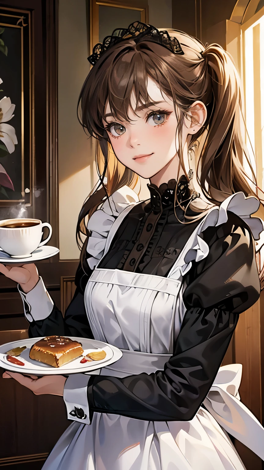 (masterpiece, High resolution,Super detailed:1.0),1 girl,Young and beautiful woman,Eyes staring at the camera,Perfect female body, Blushing lightly and smiling,Highly detailed CG,unity 8k wallpaper，Intricate details, The only person, (Twin-tailed brown hair,Maid clothes,Serious expression,Tray in hand),have coffee on the tray,Cafe, Terrace seats,Gothic style,Portraiture,Color Difference, Depth of written boundary,Dramatic Shadows, Ray Tracing, highest quality, Cinema Lighting,Official Art,