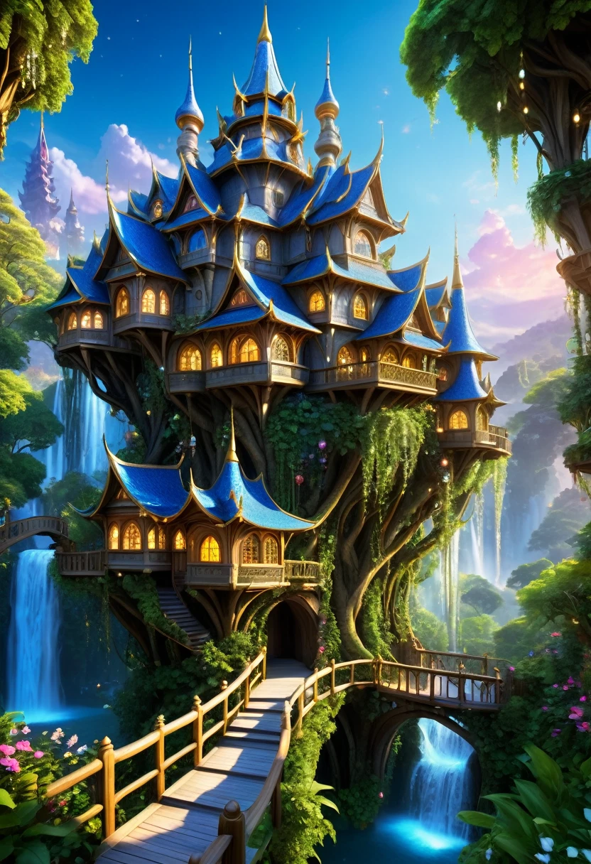 In The Heart Of An Enchanted Forest, A Colossal Tree Houses A Breathtaking Fairy Tale City. Delicate Crystal And Wood Homes, Connected By Vine-Like Bridges, Sparkle In Dappled Sunlight, While Waterfalls Cascade From High Branches Into Crystal-Clear Pools Surrounded By Vibrant Flowers. At The City's Heart Stands The Grand Silver Palace Of The Fairy Queen, Its Spires Adorned With Jewels. At Twilight, Glowing Orbs Illuminate The Pathways, Casting An Ethereal Light And Creating A Celestial Canopy, Transforming The City Into A Realm Of Pure Enchantment.