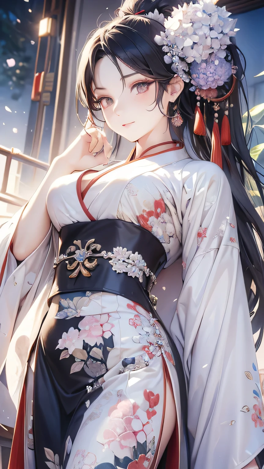 ((best quality)), ((masterpiece)), (detailed face and eyes), perfect face, accurate, textured skin, high details, highres, Yang Guifei, traditional Chinese costume, royalty, empress, luxury, black hair, topknot, cowboy shot, (from below), Hydrangea flower