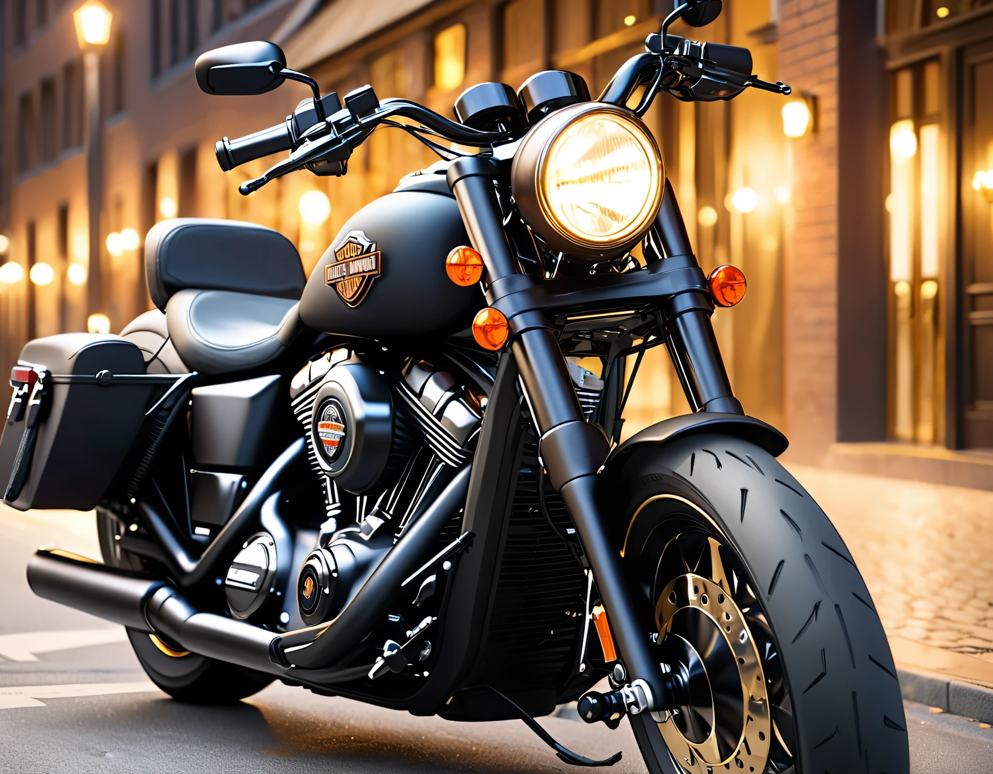best quality, super fine, 16k, incredibly absurdres, extremely detailed, 2.5D, delicate and dynamic, Harley Davidson with matte black body and gold-plated parts, beautifully lit up
