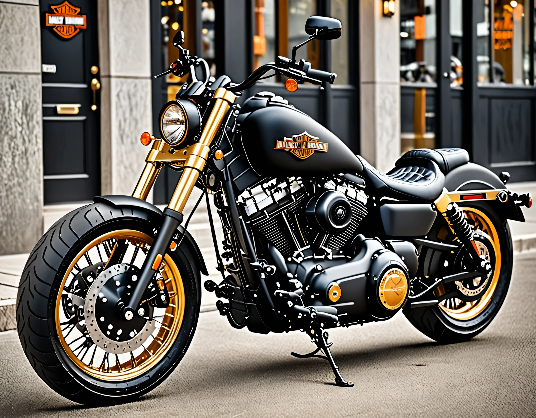 best quality, super fine, 16k, incredibly absurdres, extremely detailed, 2.5D, delicate and dynamic, Harley Davidson with matte black body and gold-plated parts, beautifully lit up