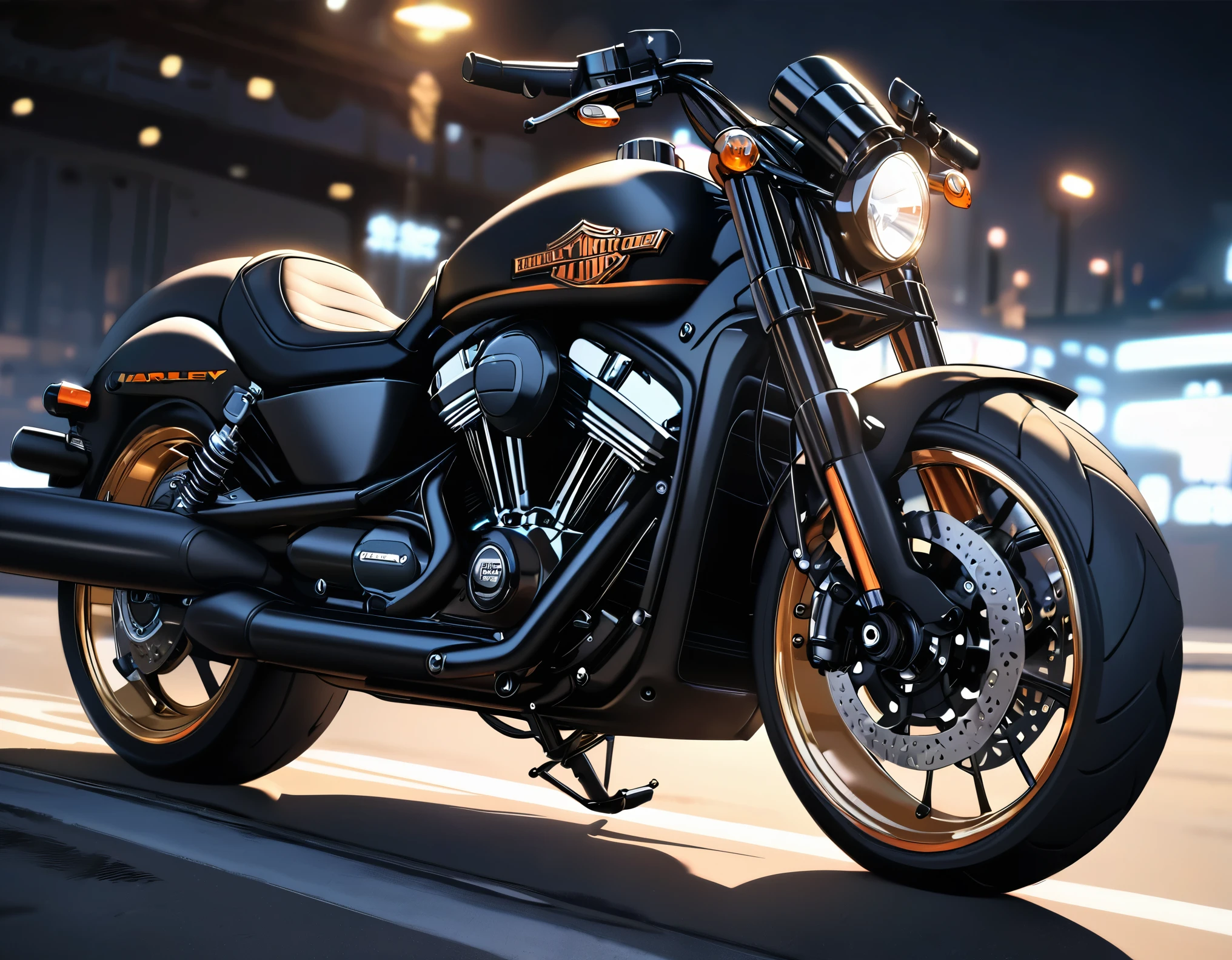 best quality, super fine, 16k, incredibly absurdres, extremely detailed, 2.5D, delicate and dynamic, Harley Davidson with matte black body and gold-plated parts, beautifully lit up