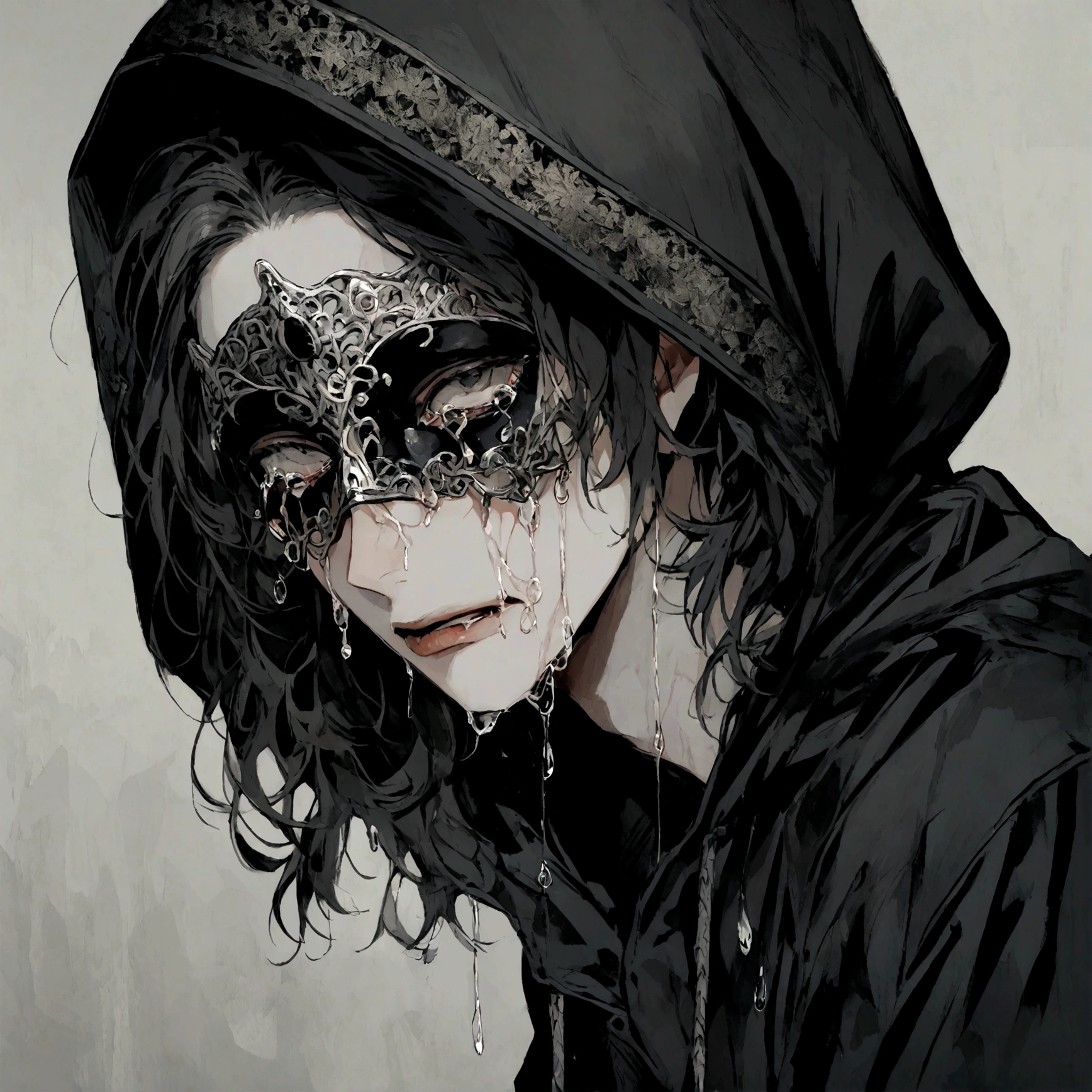 a male with a hooded sweatshirt on wearing a scary mask crying black tears, serial killer aesthetic