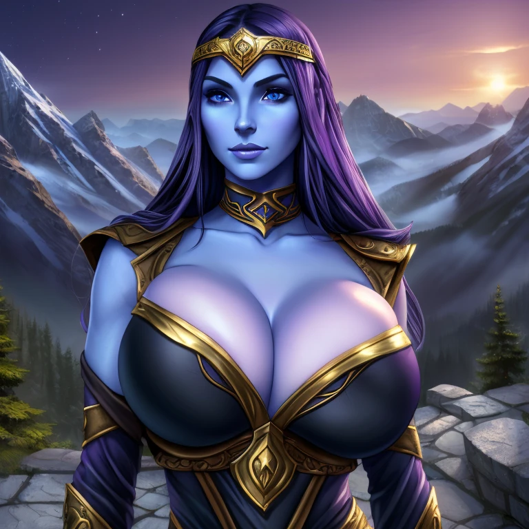 (masterpiece, top quality, best quality, official art, beautiful and aesthetic:1.2), (1girl:1.3), ((long black hair)), (((pale purple skin, pale blue skin, blue skin, purple skin))), extremely detailed, portrait, looking at viewer, solo, (full body:0.6), detailed background, close up, (cold night mountain theme:1.1), dark elf war dancer, charlatan, smirk, mysterious, swaying in mountains, skimpy attire, revealing gladiatrix costume, gold bikini, circlet, cowl, metal bikini, long boots, dual knives, violet fabric, black leather, ((((gigantic breasts, cleavage, skindentation)))), slim waist, slim hips, long legs, medieval (mountain exterior:1.1) background, dark mysterious lighting, shadows, magical atmosphere, dutch angle, totally blueskinned night elf with huges breasts, face tattoo
