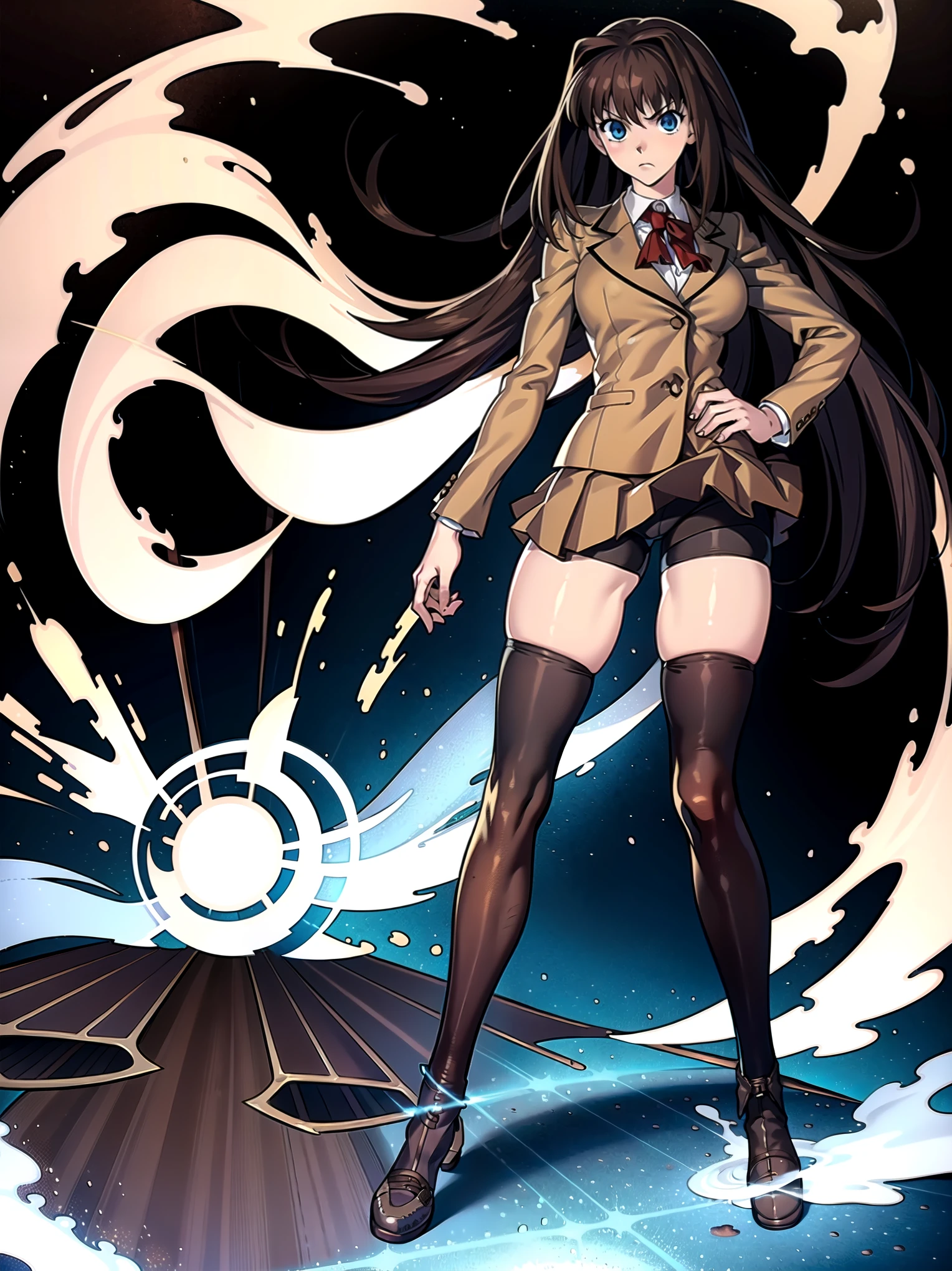 BREAK, centered, BREAK, (EMPTY BACKGROUND), BREAK, (masterpiece), best quality, highest resolution, 8k, illustration, (beautiful detailed eyes:1.5), perfectface, extremely detailed body, CG, perfect hands, perfect anatomy, ((1girl)), ((solo)), (((bbaoko))), ((2 legs max)), ((2 feet max:1.5)), ((swirling vortex shaped longest brown hair:1.5)), (brown longest hair with slightly reddish undertone:1.6), (lush luscious longest brown hair:1.6), (very long voluminous longest brown hair:1.5), serious, blue eyes, red bowtie, (Form-fitting beige blazer:1.5), brown jacket, (highly detailed beautiful face:1.2), (white shirt:1), (well shaped large breasts:1.6), (nice hips:1), pretty legs, ((thigh-high black stockings:1.6)), ((lose Umber pleated skirt:1.6)), (((large bike-shorts:1.6))), (toned visible skin thighs:1.6), (strap shoes brown color), (facing front:1.5), ((standing straight:1.5)), ((Fullbody in frame:1.5)), ((Full body:1.5)), (takeuchi takashi:1.3)