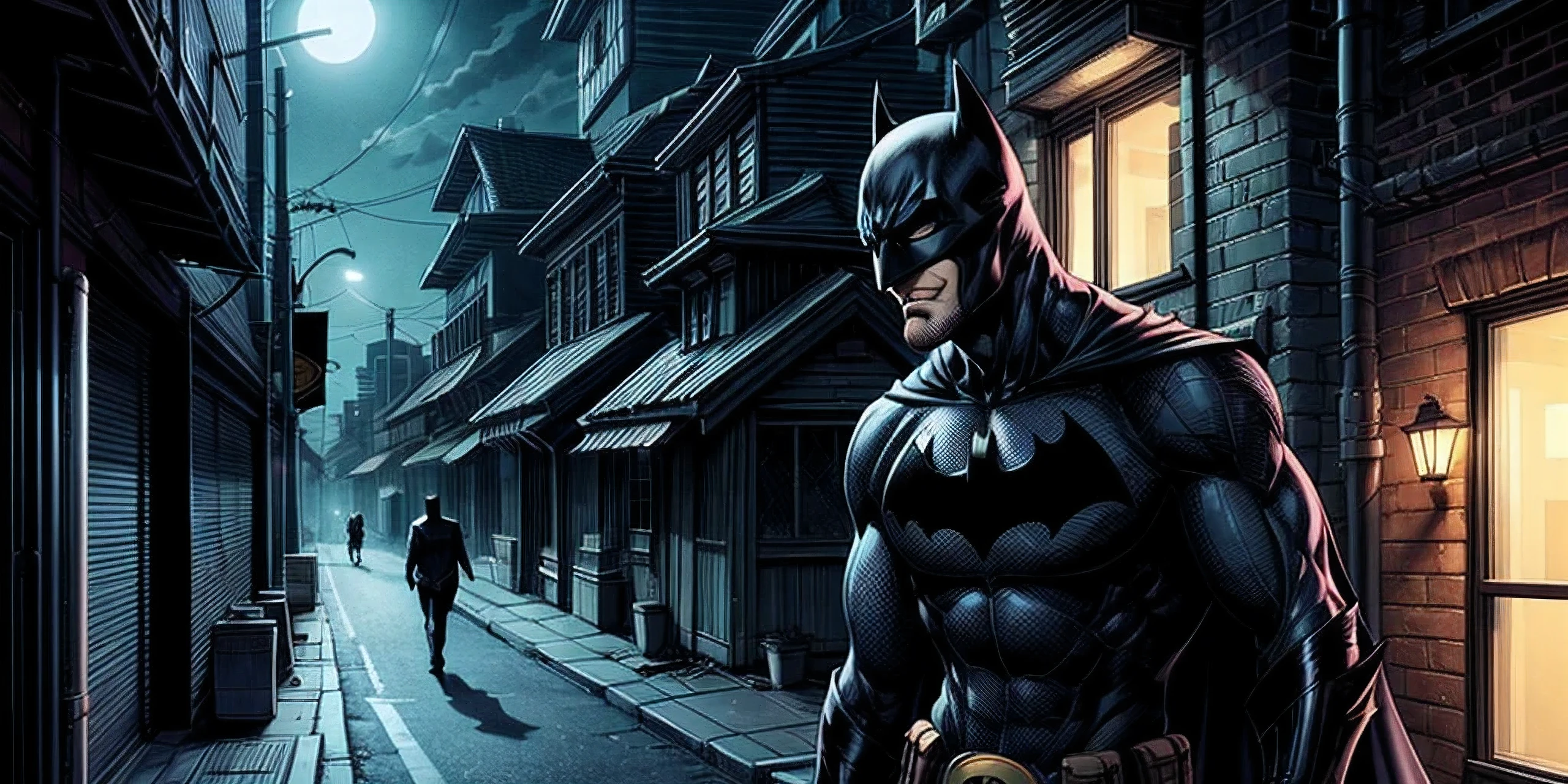 batman, closup face, dark shadowy figure, creepy laugh, scary, gotham city alley background, night time