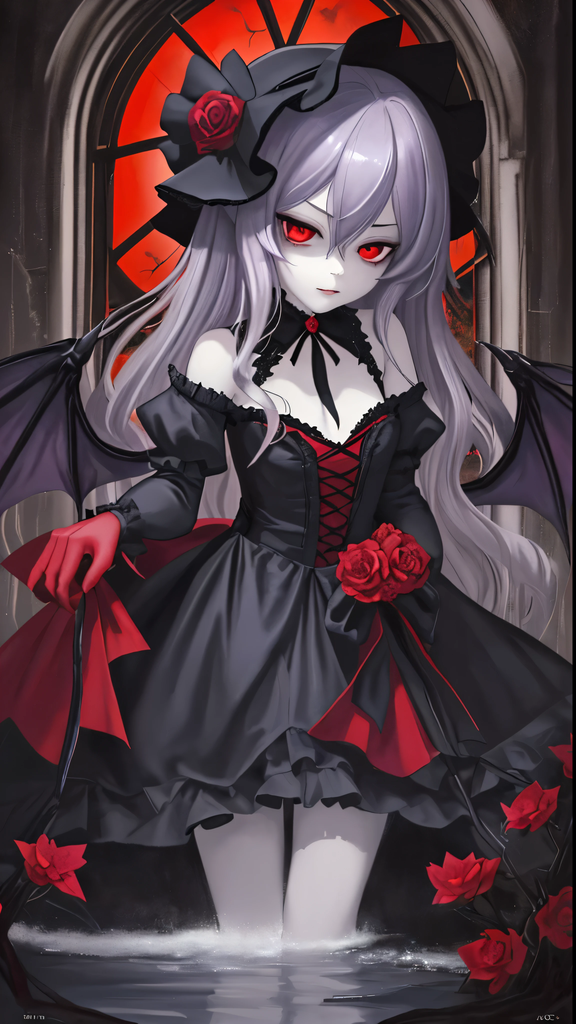 masterpiece, highest quality, 1 Girl, solo, Goth:1.2, Remilia Scarlet, A captivating portrait of Remilia Scarlet that embodies the Gothic aesthetic。Images exude high-resolution detail、It showcases her striking features with exquisite clarity.。There is only one subject、Remilia is the focus、Her long wavy hair cascaded down like a dark waterfall。 The portrait is painted in oil painting style.、The vibrant colors bring dramatic contrast to the scene.。Use of HDR lighting、Amplify Remilia&#39;s mysterious beauty、She is in the spotlight, making her stand out in the darkness.