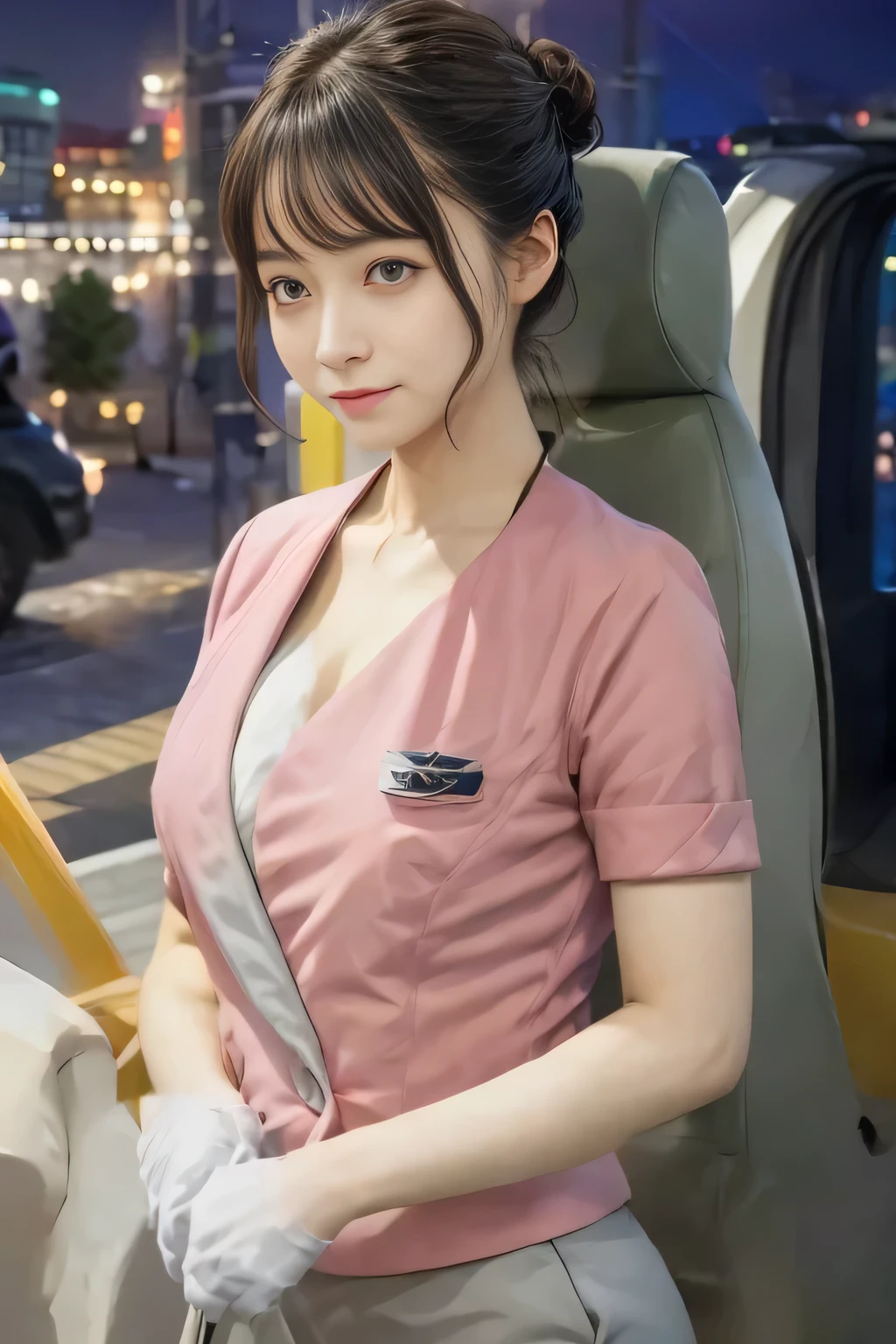 (masterpiece:1.2, highest quality:1.2), 32K HDR, High resolution, (alone、1 girl)、(On the rooftop of a building in the daytime、Professional Lighting)、Building rooftop background、(Nankai train crew uniform pinkを着たリアルスタイル)、(Nankai train crew uniform pink short sleeve pink jacket、Nankai Train Crew Uniform Pink Collarless Short Sleeve Blouse、Nankai Train Crew Uniform Pink Grey Knee-length Culottes)、Dark brown hair、(Hair tied up、Hair Bun、Hair Bun)、Dark brown hair、Long Shot、Big Breasts、Thin legs、((Great hands:2.0)),((Harmonious body proportions:1.5)),((Normal limbs:2.0)),((Normal finger:2.0)),((Delicate eyes:2.0)),((Normal eyes:2.0)))、smile、(Nankai Train Crew Uniform Pink Grey Knee-length Culottesを見せた美しい歩く姿)、Place your hands around your stomach、
