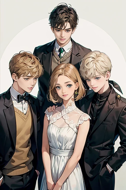 Friends, 3 boys, 1 girl, brothers, different hair color, short dark hair and brown eyes, short blonde hair and green eyes, short brown hair and brown eyes, side by side, suit, smile, white clothe, 25 years old