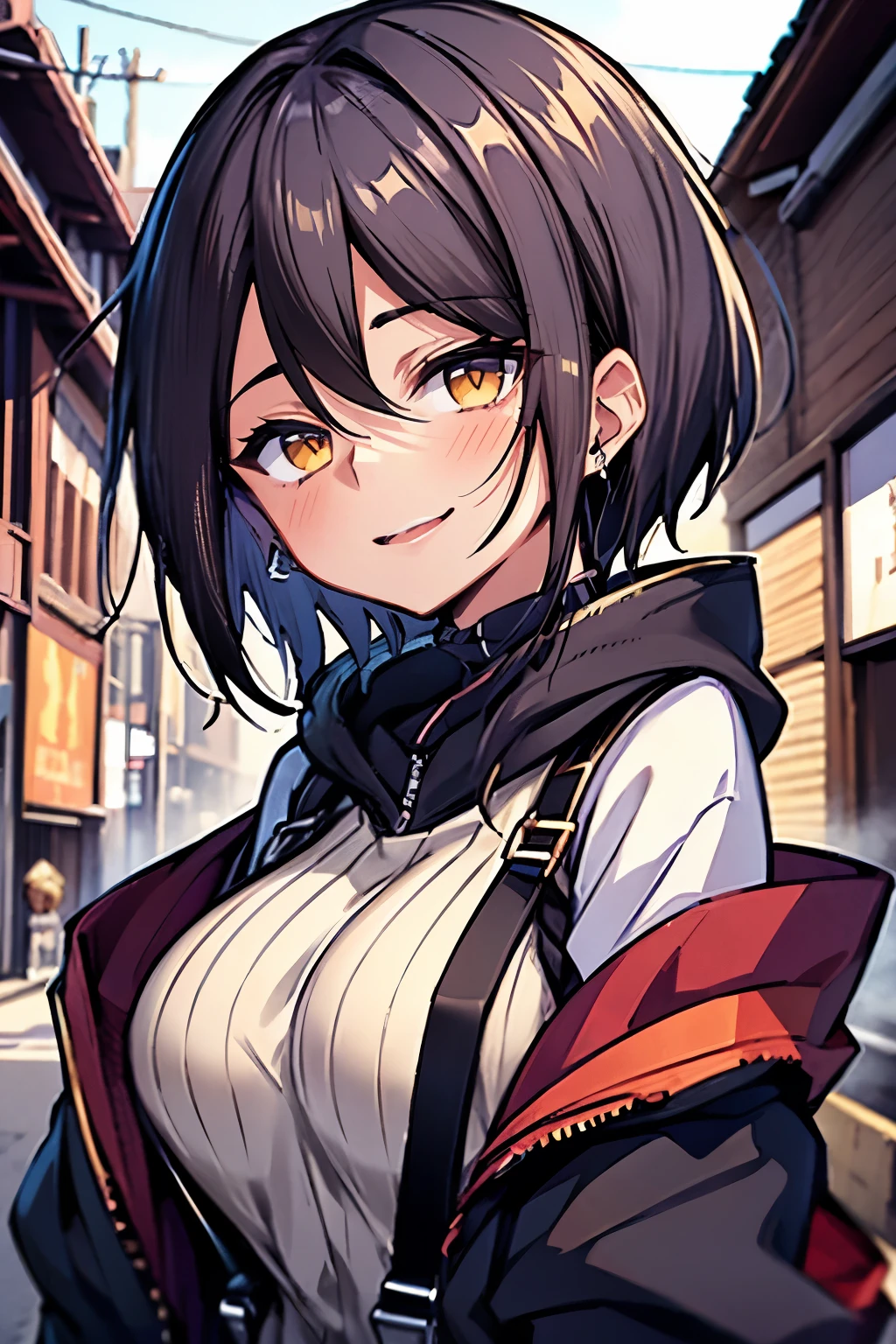 hui xiyi, rekkyo sensen, rekkyou sensen, 1 girls, black hair, tits cleavage, smile, waving, face palm, breasts close up, suspenders, off shoulder, off-shoulder sleeves, medium hair, belt, blue clothes, big breasts, hoodies, knit sweater, straps, upper body, exposed breasts, fork, villages, old houses, outdoors, anime, masterpiece, high quality, best quality