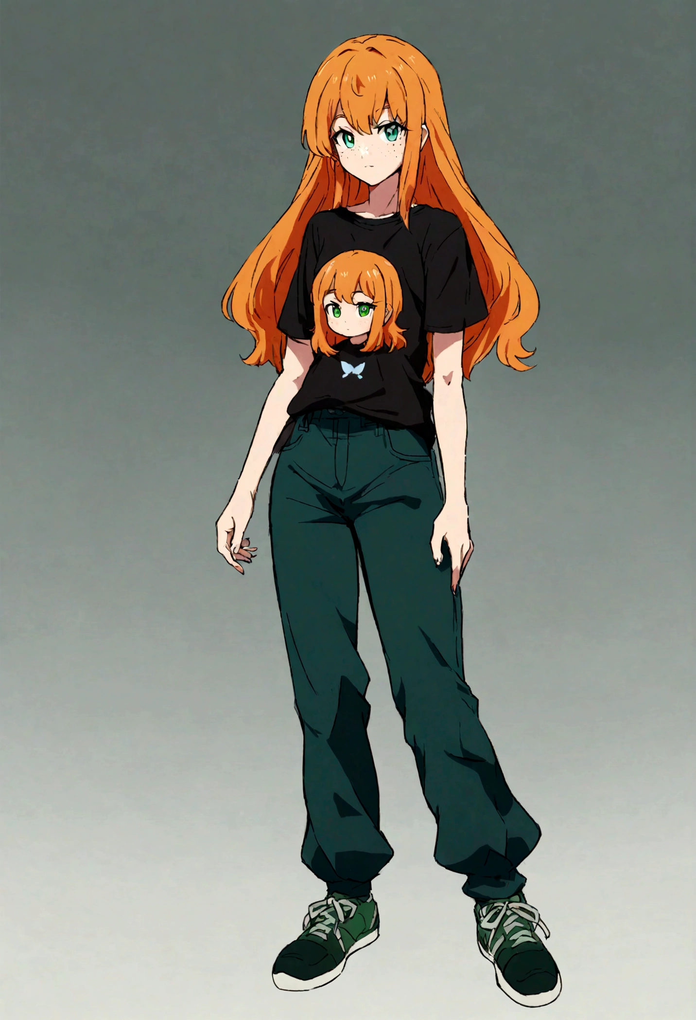 17 year old woman, very beautiful, character design, high quality, orange hair, freckles on the face, green eye color, beautiful eyes, beautiful face, full body, straight look, black t-shirt, dark jean green, t-shirt under pants, dark green sneakers, fine orange hair, long hair, black t-shirt, green eyes, single person, anime style, manga style, single character