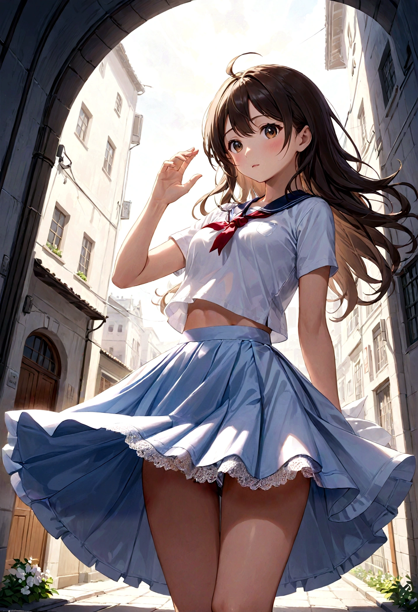 A skirt puffed up by the strong wind、、Skirt that is flipped、Trailing behind、
The lining is visible 、White lace lining、White cotton panties are visible