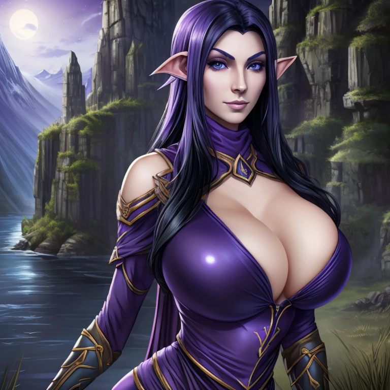 (masterpiece, top quality, best quality, official art, beautiful and aesthetic:1.2), (1girl:1.3), ((long black hair)), (((pale purple skin, pale blue skin, blue skin, purple skin))), extremely detailed, portrait, looking at viewer, solo, (full body:0.6), detailed background, close up, (cold night mountain theme:1.1), dark elf war dancer, charlatan, smirk, mysterious, swaying in mountains, skimpy attire, revealing gladiatrix costume, gold bikini, circlet, cowl, metal bikini, long boots, dual knives, violet fabric, black leather, ((((gigantic breasts, cleavage, skindentation)))), slim waist, slim hips, long legs, medieval (mountain exterior:1.1) background, dark mysterious lighting, shadows, magical atmosphere, dutch angle, totally blueskinned night elf with huges breasts, face tattoo