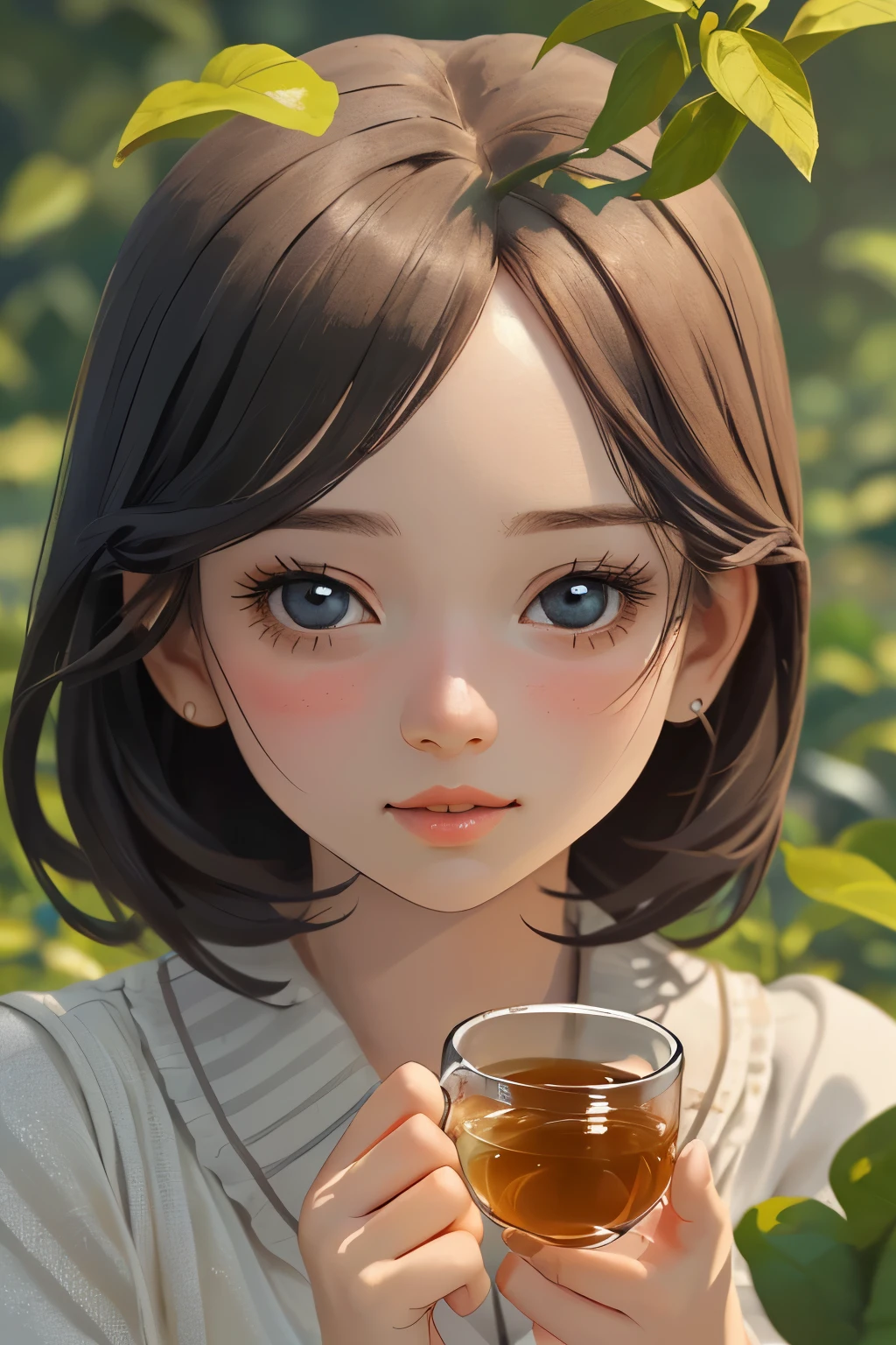 a young girl in a tea field, drinking tea , 8k, photorealistic, beautiful detailed eyes, beautiful detailed lips, extremely detailed face and skin, intricate details, vibrant colors, natural lighting, pastoral, serene, tranquil, cozy, cute, adorable, kawaii
