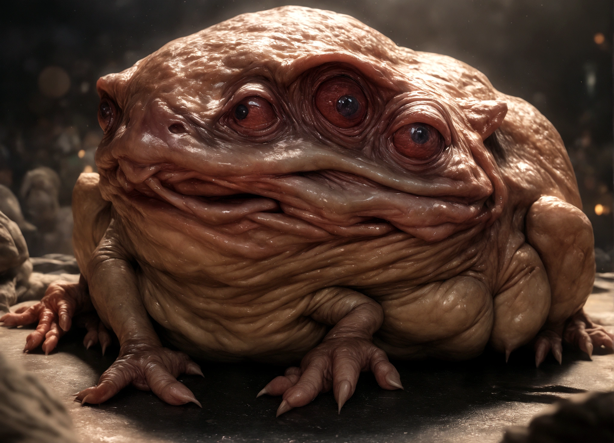 a goblin sized toad, several goblin women, hot ugly, mismatched eyes, mismatched breasts, big butts, ragged cloth tops, short skirts, slimy cavern, best quality, 8k, highres, masterpiece, ultra-detailed, realistic, photorealistic, photo-realistic, HDR, UHD, studio lighting, ultra-fine painting, sharp focus, physically-based rendering, extreme detail description, professional, vivid colors, bokeh, horror, safe for work