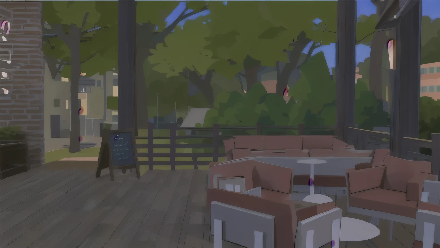 a snack restaurant with red seats and sofas, terrasse en bois, sol parquet, bar avec bouteilles sur la gauche, background nature