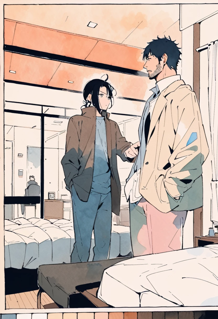 (masterpiece, highest quality:1.1),,(Flat Color),(one tall man with stubble,30yo),He is arguing with long black hair girl, in myroom,tokyo,Side angle,(Watercolor:1.5),