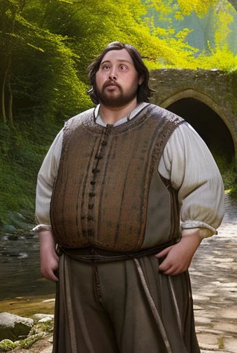 Only plump, chubby, extremely thick thighs, large belly, fat, A realistic and detailed close shot portrait photo of a lanky and dumb looking peasant man in cheap mediveal linnen clothing. He is looking at the watcher while standing in front of an old curved stonebridge over a stream that is about 5 meters wide. Some mediveal farm buildings in the background.
((((looking at the watcher))))