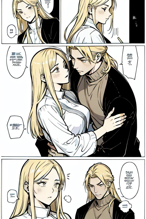 Blonde guy embracing a girl with long white hair, manga page with panels and dialogue