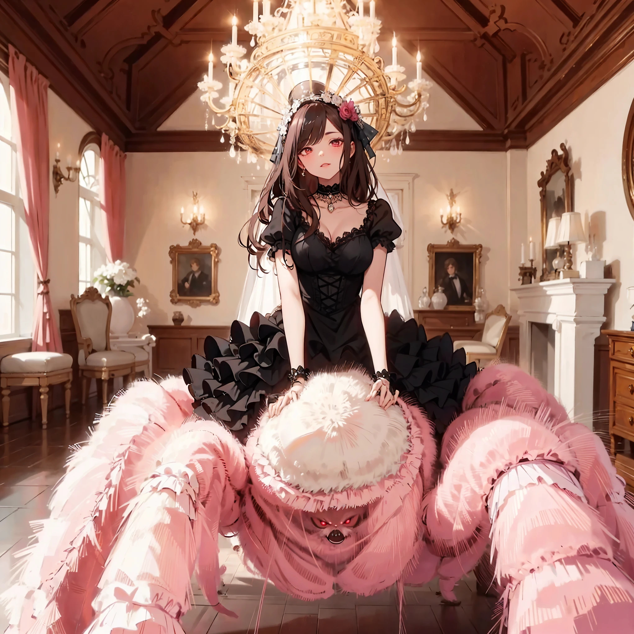 Arachne. pink tarantula. Fluffy spider. Dress. Inside a mansion.