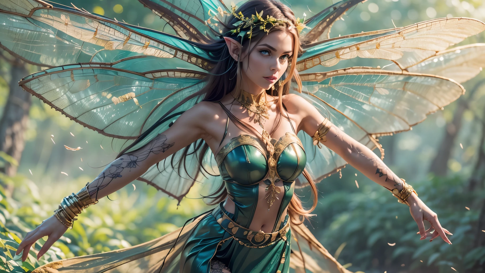 Beautiful faerie woman, elf ears, flying, hovering, floating, centered holographic dragonfly wings, balanced wings, glowing blue eyes, detailed realistic eyes, detailed proportional hand, manicured hands, four fingers on each hand, one thumb on each hand, detailed fingers, proportional fingers, painted fingernails, proportional legs, proportional arms, proportional body, firm breast, silk tutu, ballet pose, magic glitter, oak tree forest, frank Frazzetta painting style, (Best Quality:1.4), (Ultra-detailed), (extremely detailed CG unified 8k wallpaper), Highly detailed, RAW Photos, Professional Photography, plein air, Illumination, (Super fancy photos:1.4), (Dazzling light), Radiant Photography, depth of fields,