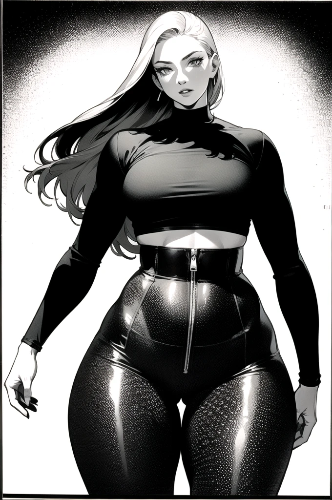 monochromatic drawing, photorealistic, hyperrealism, adult manga panel, impact frame, monochrome, by leyendecker, scene, cowboy shot, solo, dark skin, light hair, jazz age streamline, big gigantic hips, hyper thighs, narrow waist, hyper legs, gigantic breasts, small waist, long legs, thin waist, big calves, wasp waist, thick calves, thin sillhouette, thick lips, ab etching, skinny silhouette, emotional, good hands, intricate, high detail, reflective leg sleeves, clean stylish look, detailed face, detailed background