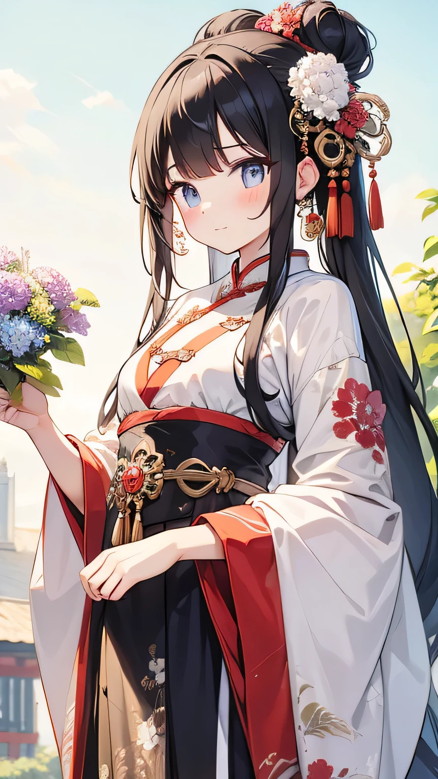 ((best quality)), ((masterpiece)), (detailed face and eyes), perfect face, accurate, textured skin, high details, highres, Yang Guifei, traditional Chinese costume, royalty, empress, luxury, black hair, topknot, cowboy shot, (from below), Hydrangea flower
