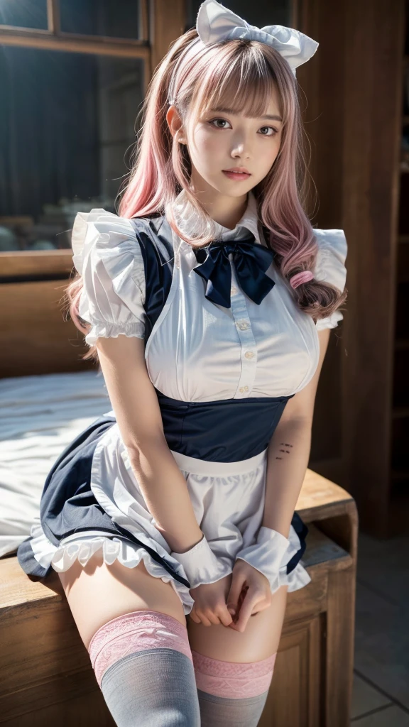a beauty girl、white short coat with fur、exposed thighs、slenderbody、kawaii faces、white tights with ribbon、White blouse with frills、brown shoes with high soles、ribbon on tights、Idle face、Model body type、ta with big breasts like a high school student、a smile、masutepiece、colorful ribbons on tights、Wrap a tulle ribbon around your hair、wavy twin tails、garterbelts