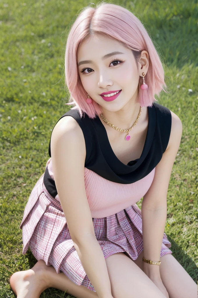 (8k, Photorealistic, Raw photo, Highest quality: 1.4),Japanese idol style1Beautiful girl of the person,18-year-old,Short bob hairstyle,Black Hair,She has her hair tucked behind her ears,She has small earrings in her ears,Big, clear grey eyes,Long eyelashes,Plump Cheeks,(She is applying lipstick,(Pink :1.4)),Apply gloss over your lipstick for glossy, plump lips,Smiling,A short pendant is hanging around her neck.,両手の爪に淡いPinkのマニキュアを塗っている,Both toenails have red nail polish,Wearing a sleeveless summer knit top on bare skin,I can see her cleavage,(Wearing a checkered pleated skirt),barefoot,sitting cross-legged on the grass in the park,Angle from the front,Full body portrait