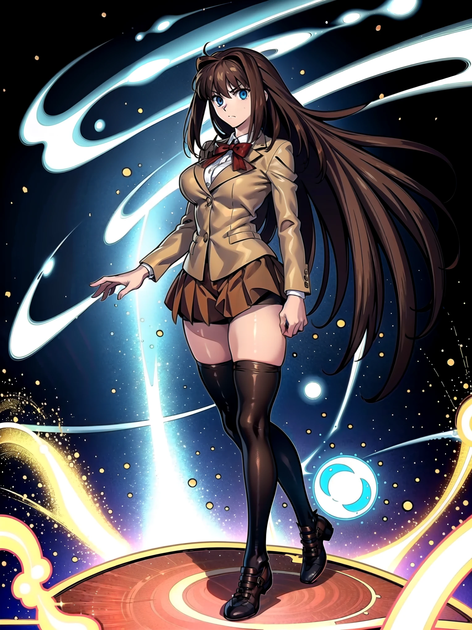 BREAK, centered, BREAK, (EMPTY BACKGROUND), BREAK, (masterpiece), best quality, highest resolution, 8k, illustration, (beautiful detailed eyes:1.5), perfectface, extremely detailed body, CG, perfect hands, perfect anatomy, ((1girl)), ((solo)), (((bbaoko))), ((2 legs max)), ((2 feet max:1.5)), ((swirling vortex shaped longest brown hair:1.5)), (brown longest hair with slightly reddish undertone:1.6), (lush luscious longest brown hair:1.6), (very long voluminous longest brown hair:1.5), serious, blue eyes, red bowtie, (Form-fitting beige blazer:1.5), brown jacket, (highly detailed beautiful face:1.2), (white shirt:1), (well shaped large breasts:1.6), (nice hips:1), pretty legs, ((thigh-high black stockings:1.6)), ((lose Umber pleated skirt:1.6)), (((large bike-shorts:1.6))), (toned visible skin thighs:1.6), (strap shoes brown color), (facing front:1.5), ((standing straight:1.5)), ((Fullbody in frame:1.5)), ((Full body:1.5)), (takeuchi takashi:1.3)