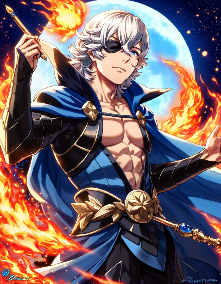 absurdres, highres, ultra detailed, HDR, master piece, best quality, Niles, white hair, expressive dark blue eyes, left black eye patch, fire emblem fates, solo, sexy man, handsome, toned chest, blue cape, black adventurer clothes, blue moon, starry, blue fireflies, blue flowers, magical, fantasy