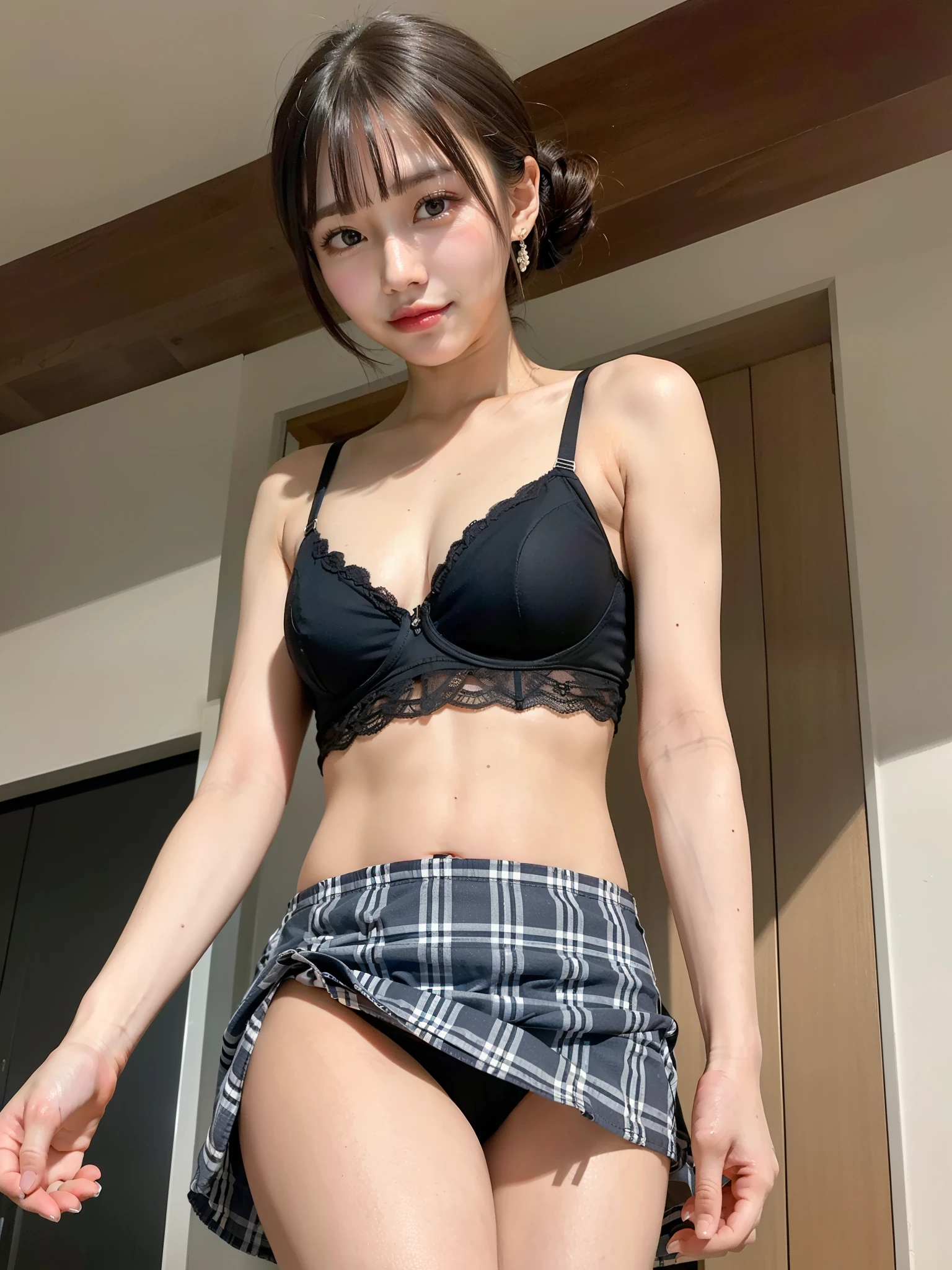 ((Best of the highest quality, 8k, Masterpiece: 1.3, raw photo)), Sharp focus: 1.2, (1 AESPA, slim body type female, 21 y/o: 1.1), (Solo: 1.2), (realistic, photo-realistic:1.37), face focus, cute face, finely eyes, (droopy eyes: 1.32), (Emphasize prominent aegyo-sal with bright: 1.2), shimmering eyeshadow applied under the lower lash line, paired with thick, (small breasts, flat chest, Thigh: 1.3), (short messy bob, bangs, updo: 1.28), (neat bra top, checkered skirt outfit: 1.32), walking terrace office, sun light, flower, (from below: 1.32)