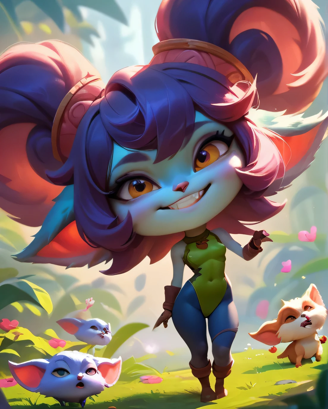 score_9, score_8_up, score_7_up, score_6_up, score_5_up, score_4_up, pink purpple yordle female, a dubious little creature getting up to mischief,cute,pretty,attrative,seminua,4yordles,slender,thin,