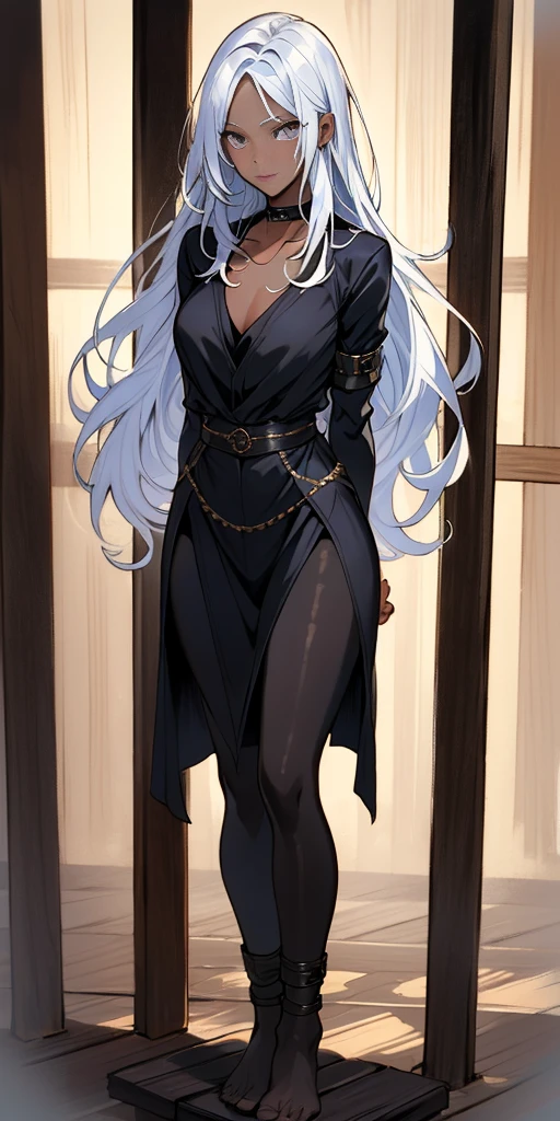(Masterpiece, best quality, intricate details, 1sologirl) iron collar, arms behind back, iron cuffs, shackles, leather collar choker neck bell, bound ((standing by wooden pole:1.2)) ((female Black Dark skin Gyaru)) show entire body frontal position, feet in view, realistic, gorgeous 16y.o. darkest skinned mixed race female, black African, transparent black pantyhose, legs open, museum,barefoot no shoes, looking to viewer straight symmetrical, white silver long hair