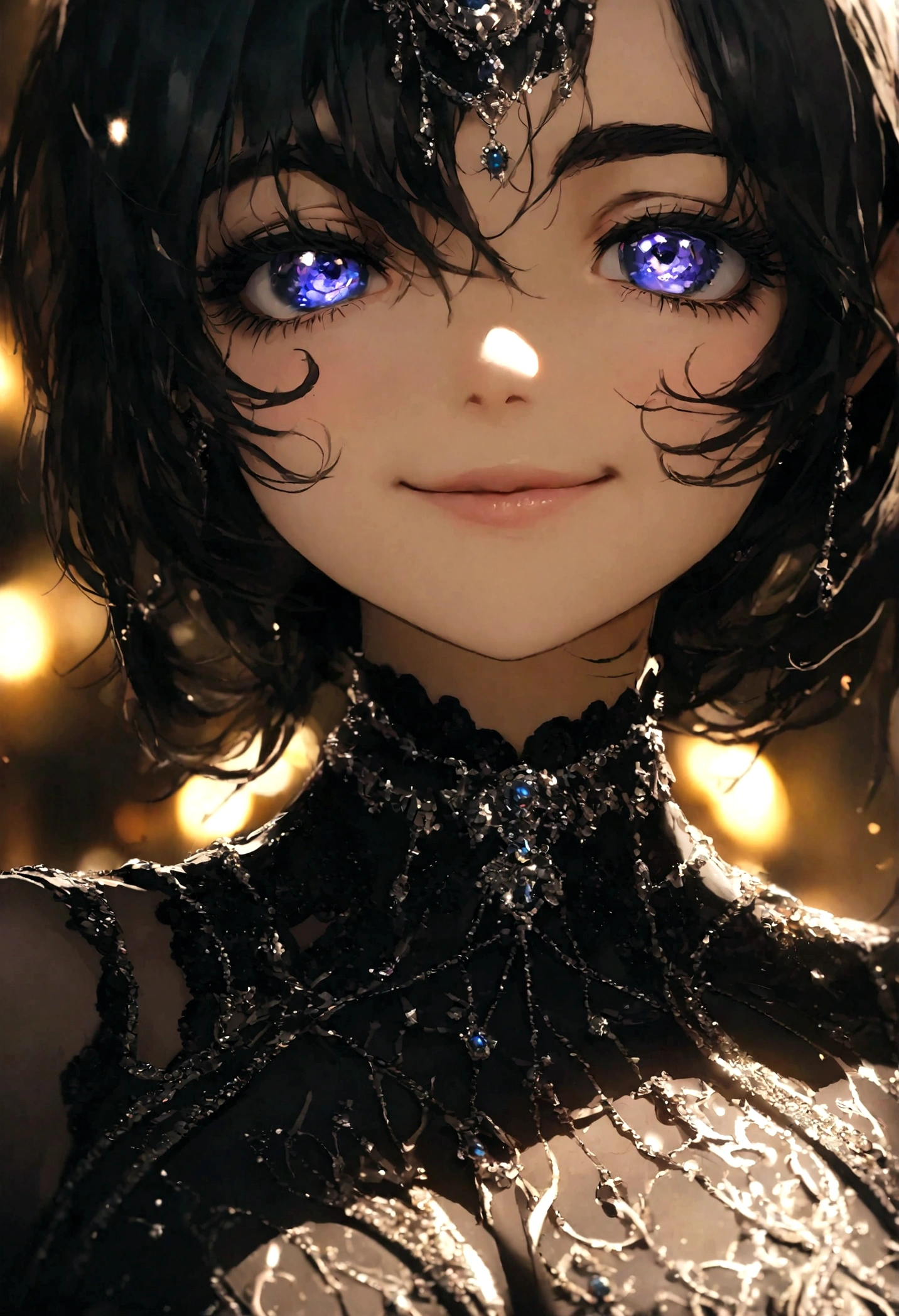 cinematic close-up photo of a Syrian girl with black hair, Olhos verdes muito grandes, long eyelashes, smiling wearing black ballroom outfit decorated with white patterns