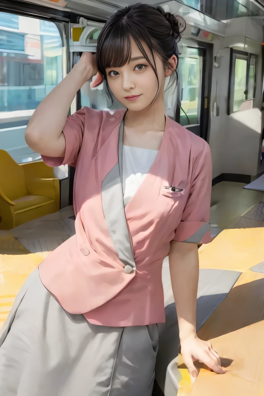 (masterpiece:1.2, highest quality:1.2), 32K HDR, High resolution, (alone、1 girl)、(On the rooftop of a building in the daytime、Professional Lighting)、Building rooftop background、(Nankai train crew uniform pinkを着たリアルスタイル)、(Nankai train crew uniform pink short sleeve pink jacket、Nankai Train Crew Uniform Pink Collarless Short Sleeve Blouse、Nankai Train Crew Uniform Pink Grey Knee-length Culottes)、Dark brown hair、(Hair tied up、Hair Bun、Hair Bun)、Dark brown hair、Long Shot、Big Breasts、Thin legs、((Great hands:2.0)),((Harmonious body proportions:1.5)),((Normal limbs:2.0)),((Normal finger:2.0)),((Delicate eyes:2.0)),((Normal eyes:2.0)))、smile、(Nankai Train Crew Uniform Pink Grey Knee-length Culottesを見せた美しい歩く姿)、Place your hands around your stomach