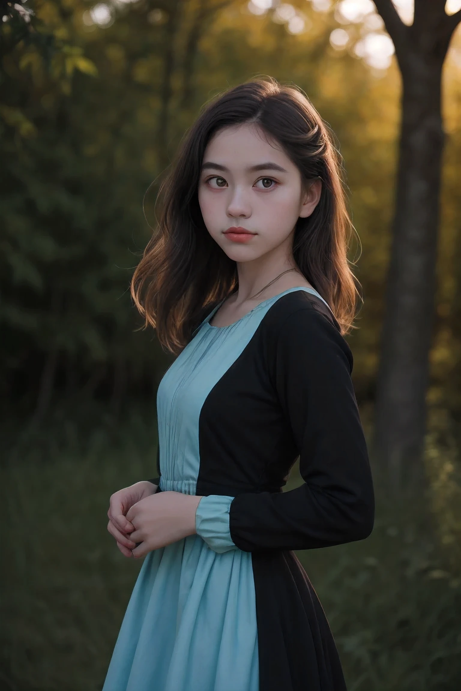 Portrait, shot on Leica, shadowplay, gorgeous lighting, subtle pastel hues, outdoors ,dress