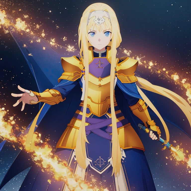 Alicezuberg, Alice Zuberg, bangs, blue eyes, blonde hair, hair between the eyes, very long hair, braid, hair elastic, white hair elastic,, BREAK dress, cape, armor, blue dress, shoulder armor, gauntlets, canes , breastplate, armored dress, flaws, blue cape, knight, gold armor, body armor,, BREAK outside, forest, BREAK looking at viewer, BREAK (artwork:1.2), best quality, high resolution, unity wallpaper 8k, (illustration:0.8), (beautiful detailed eyes:1.6), Extremely detailed face, perfect lighting, extremely detailed CG, (perfect hands, perfect anatomy), 