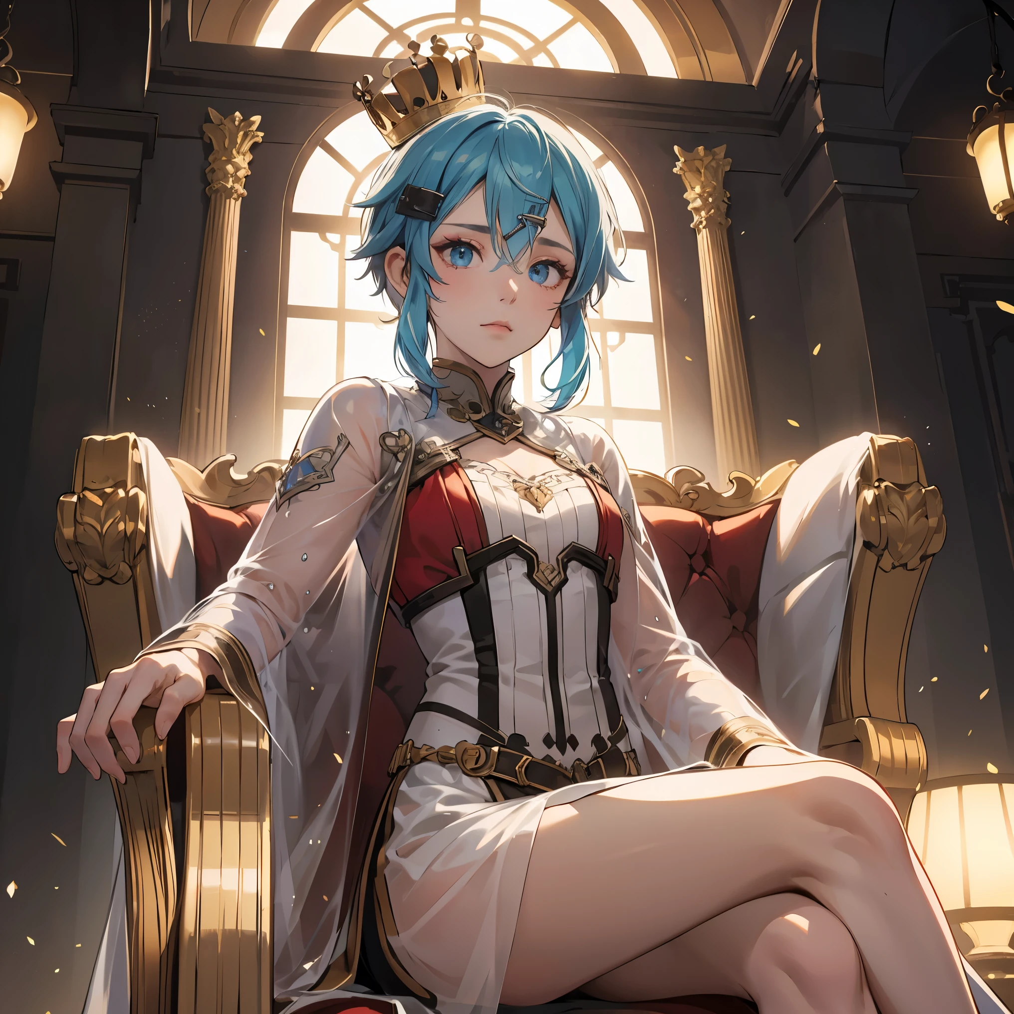 (Masterpiece:1.2), best quality, (illustration:1.2), (ultra-detailed), hyper details, (delicate detailed), (intricate details), (cinematic light, best quality Backlights), clear line, from below, soloist, perfect body, (1girl), deep skin,textured skin,shinoasada, sinon, blue eyes, blue hair, hair ornament, hair between eyes, hairclip, short hair, sidelocks, (small breast:1.2), (emperor, black see-through clothes), (crown: 1.1), sitting on the throne, eyes slightly closed, head down, (shy: 1.2 ), (makeup), high contrast, (best illumination, an extremely create and beautiful), (cinematic light), colorful,