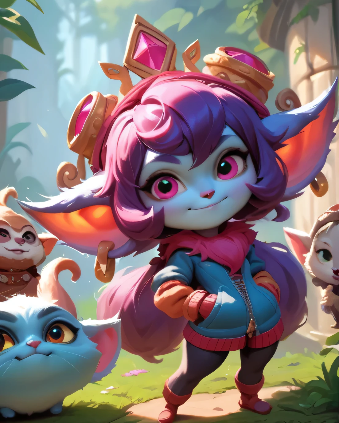 score_9, score_8_up, score_7_up, score_6_up, score_5_up, score_4_up, pink purpple yordle female, a dubious little creature getting up to mischief,cute,pretty,attrative,seminua,4yordles,slender,thin,